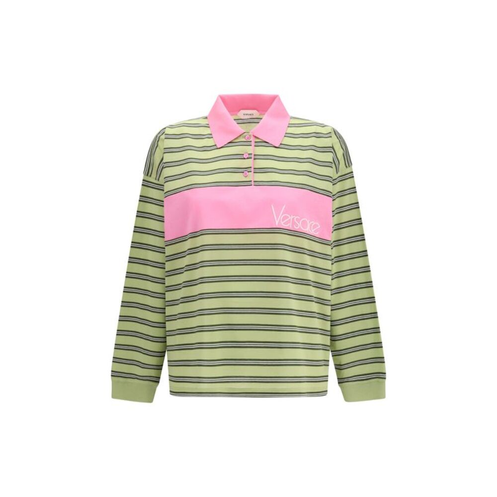 Versace Women Striped Intarsia Cotton Polo With Embroidered Logo